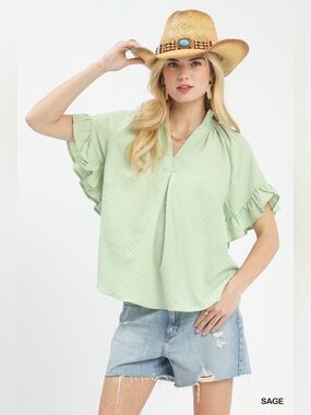 Umgee Textured Ruffle Sleeve Blouse